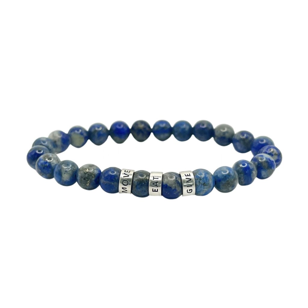 Interrupt Hunger Lapis Lazuli bracelet has 3-sterling silver (0.925) beads etched with MOVE EAT GIVE (8 mm)