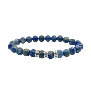 Interrupt Hunger Lapis Lazuli bracelet has 3-sterling silver (0.925) beads etched with MOVE EAT GIVE (8 mm)