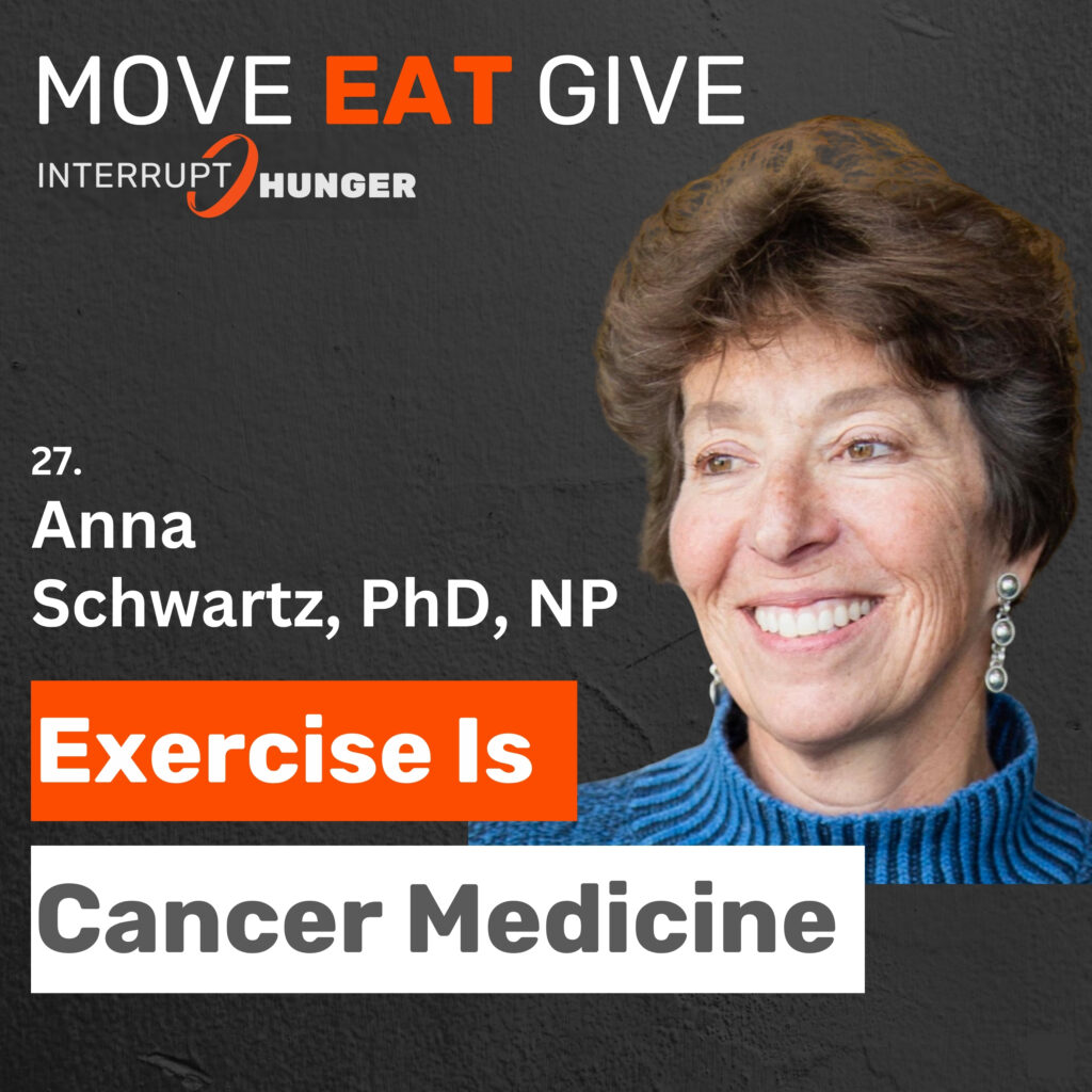 Anna Schwartz, PhD, NP, exercise oncology pioneer and cancer survivor, smiling against dark background for Move Eat Give podcast Episode 27: Exercise Is Cancer Medicine